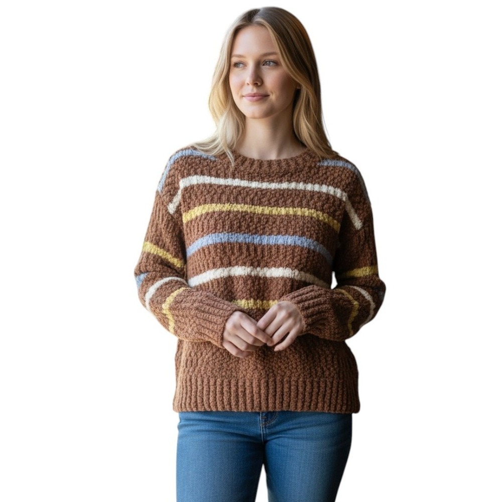 Adora Sweater M Brown with multicolor stripes‎ Preppy Autumn Cozy Earthy Classic